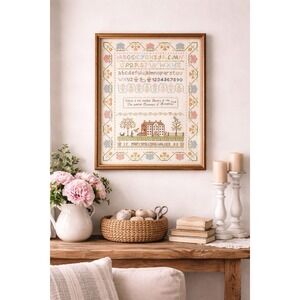 Vintage Sampler Cross Stitch ABC & 123 GOLD Frame  21" X 17" Cottage Core Granny